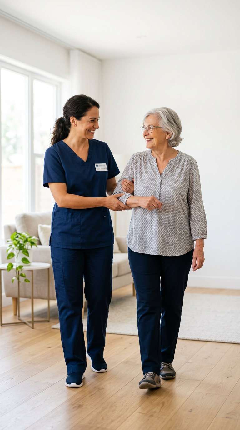 A caregiver in a navy blue uniform walking with a smiling senior client in a bright home