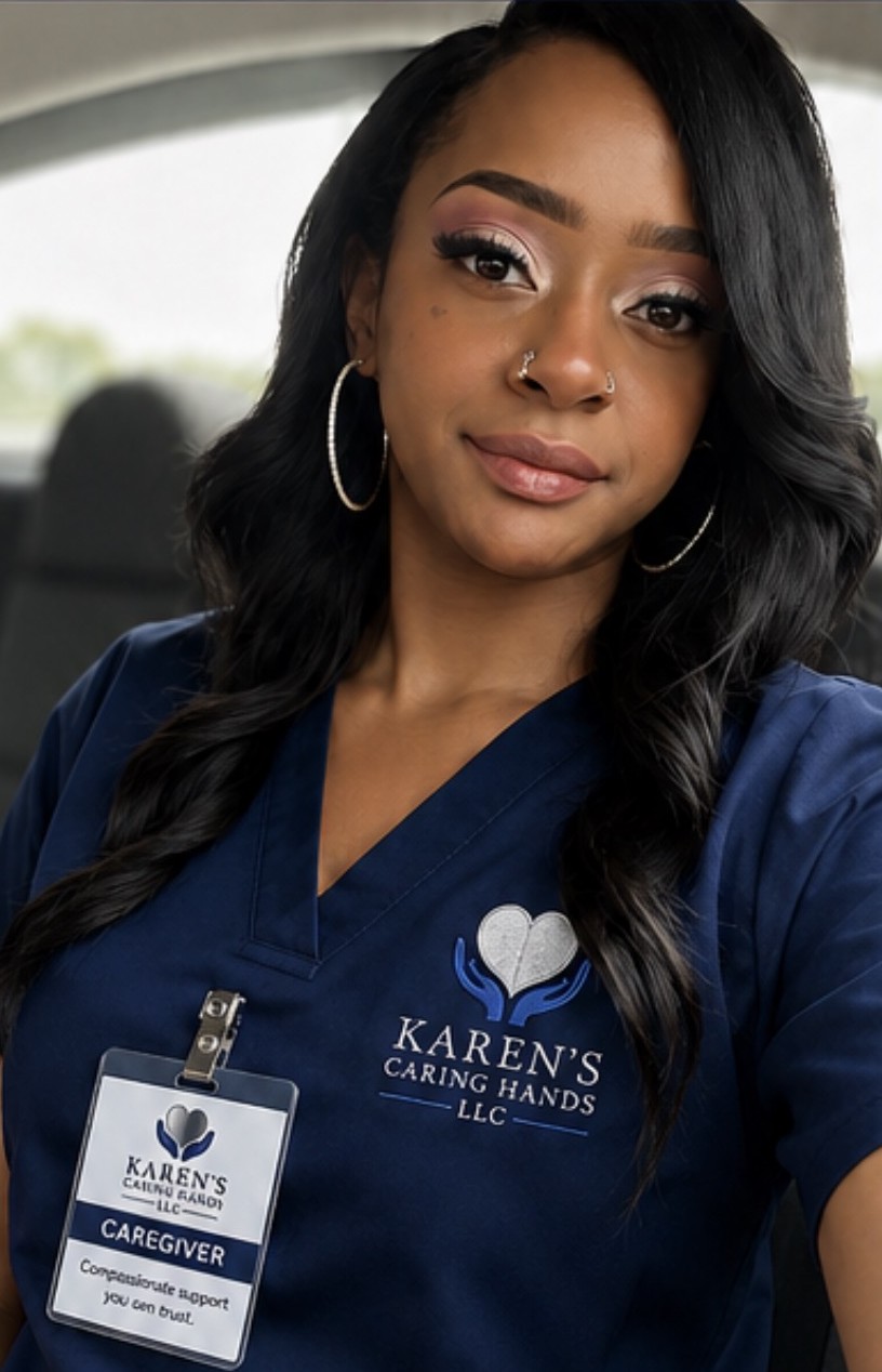 A Karen's Caring Hands caregiver in her navy blue uniform