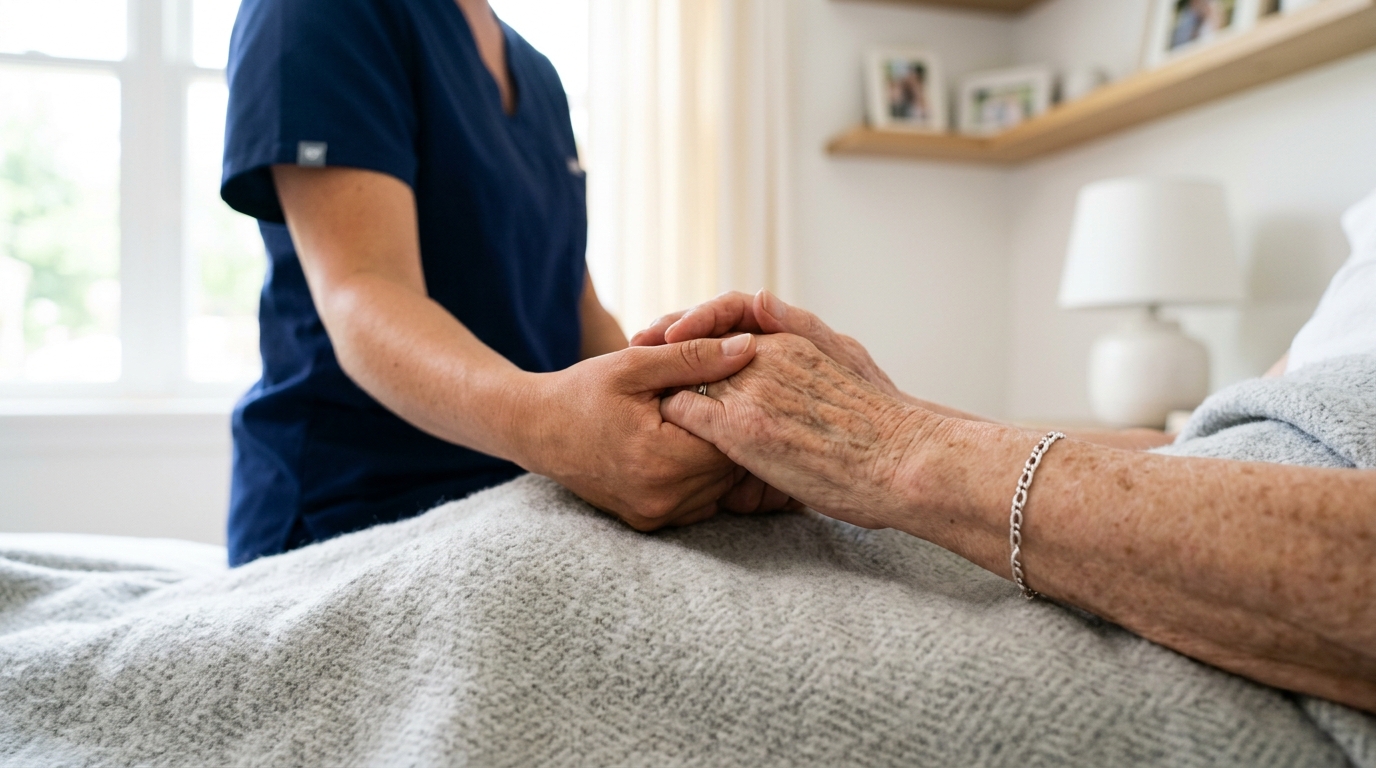 A caregiver in a navy blue uniform gently holding a senior client's hands